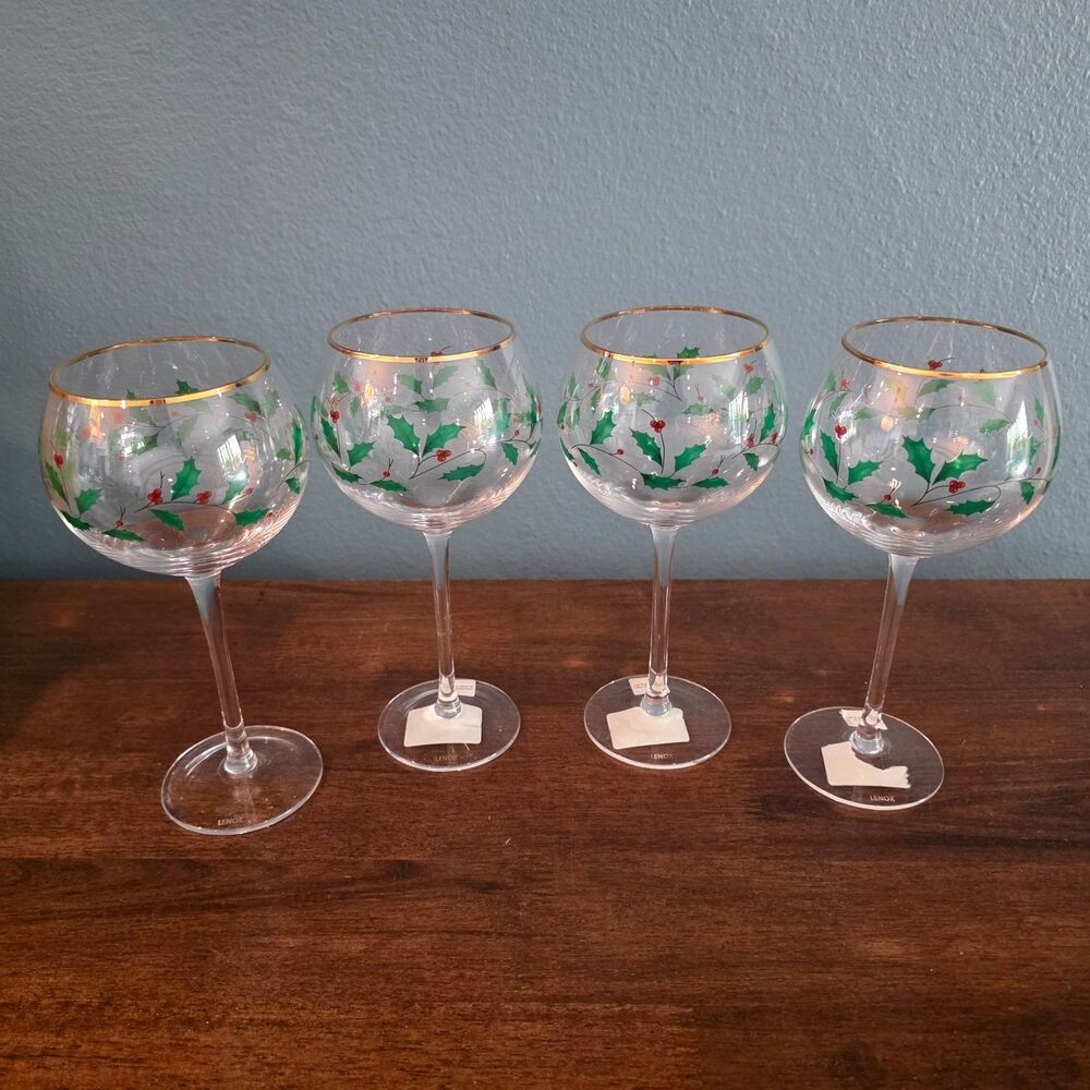 Lenox Christmas Wine Glasses Holiday Balloon Set of 4 Holly Berry Design 14 Oz